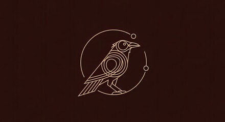 Obraz premium Gold line art raven logo on dark background.