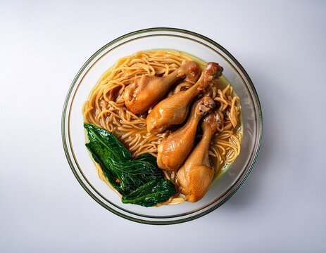 indonesian chicken noodles mie ayam with chicken feet braised chicken and spinach in a glass bowl traditional street food served top view on white background