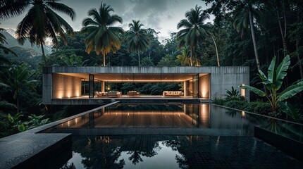 Fototapeta premium Modernist concrete and glass villa in tropical rainforest with infinity pool