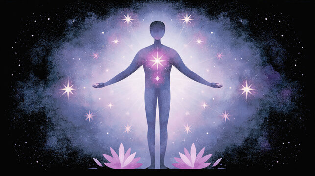 Illustration of a silhouetted human figure standing centrally, with arms outstretched. Concept of connecting with the inner guidance system, chakra clearing with crystals, meeting highest self.