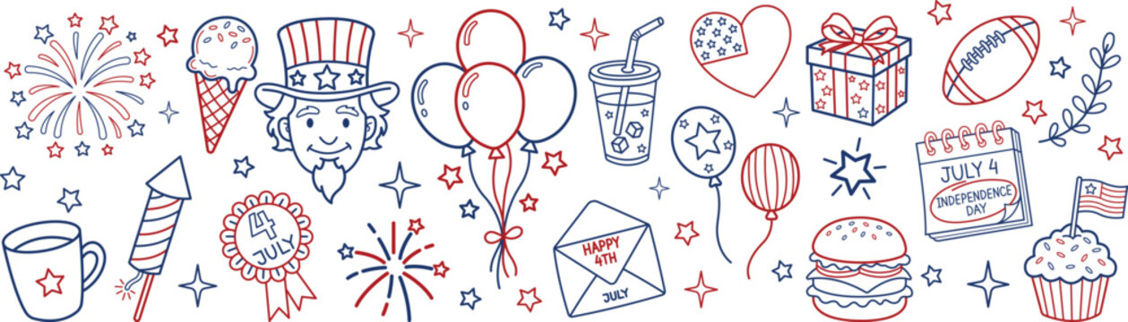 4th of july independence day doodle set with uncle sam balloons fireworks calendar and patriotic icons