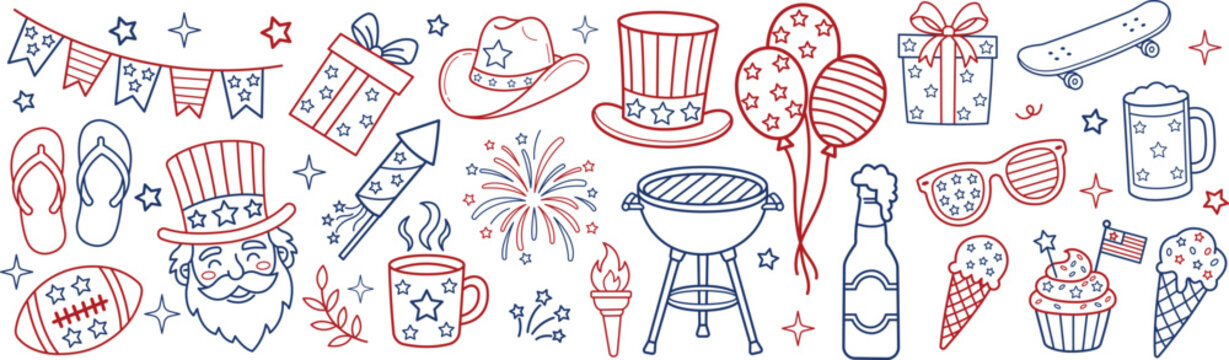 4th of july american patriotic doodle set with uncle sam bbq grill cowboy hat balloons and celebration icons
