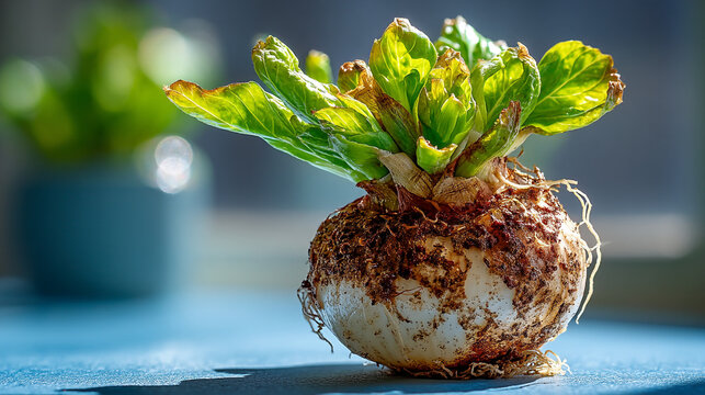 Celeriac root vegetable with fresh green stalks sitting on a blue surface, celeriac