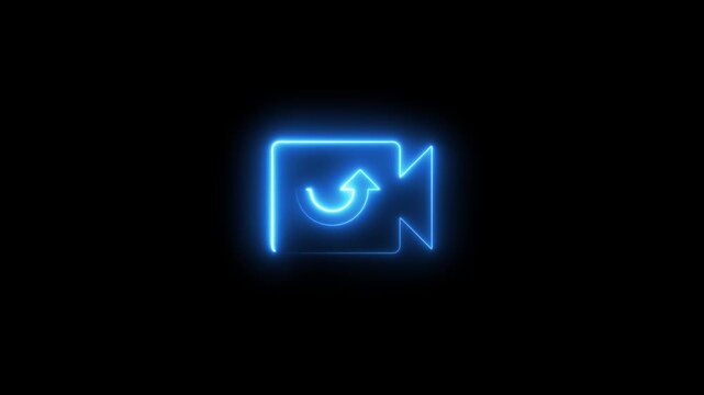 Glowing neon camera with rotating arrow animation symbol
