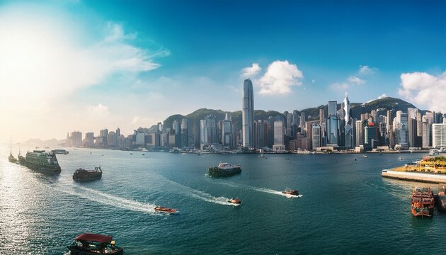 hong kong skyscraper panorama on a sunny day with water and boats