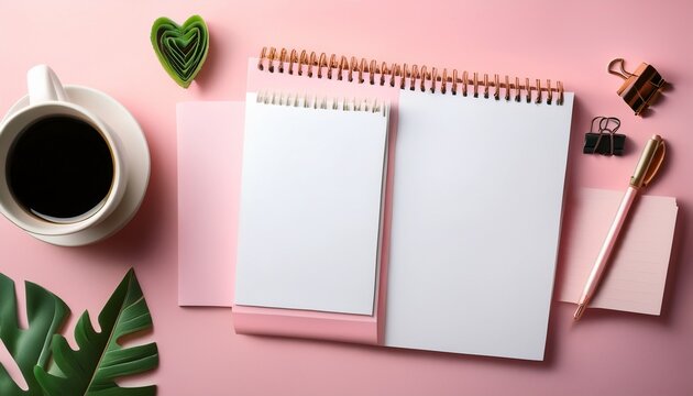 top view of a pink desk with office supplies coffee cup and blank notepad