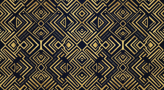 Seamless art deco geometric pattern with gold lines and lorem ipsum text on dark blue background