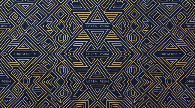 Seamless art deco geometric pattern with gold lines and lorem ipsum text on dark blue background