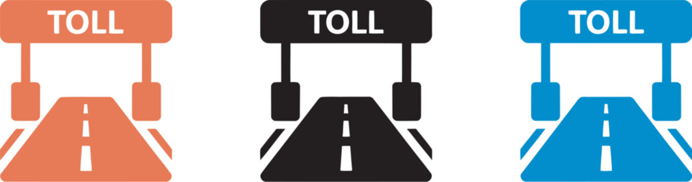Toll road icon set, flat style vector illustration, toll gate, barrier arm, and payment booth symbols, transportation and highway fee concept, clean design elements for navigation apps, city maps, 