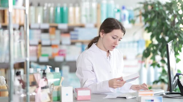 Young woman pharmacist in white coat working at computer as she brings in new items and checks medication residues in spreadsheet. High quality 4k footage