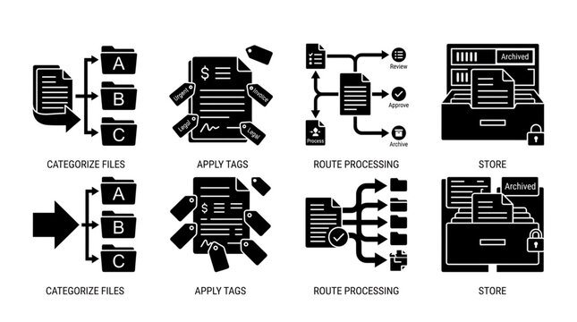 Business icons for document management file categorization tagging routing secure storage solutions