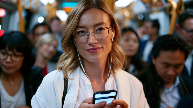 Commuter on crowded subway train completing two-minute microlearning module on phone, earbud in, brief quiz card filling screen, diverse passengers surrounding, urban transit environment, mobile-fir