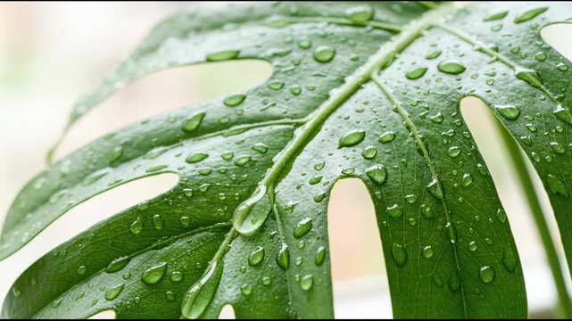 Monstera leaf with fresh water drop on green foliage. Close up of tropical plant texture with dew for nature, eco, environment and botanical botany background.