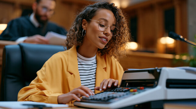 Court stenographer at a busy county courthouse positions her steno machine with practiced precision, fingers hovering mid-session over the keys while a judge consults papers above, legal profession 