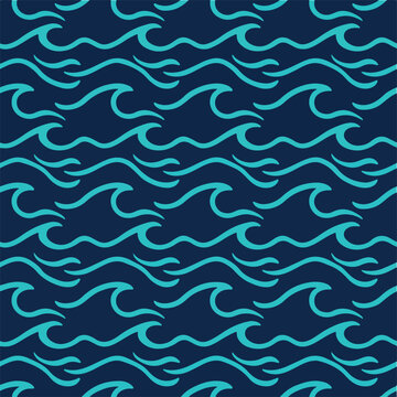 Seamless dark navy blue background filled with dynamic, tightly packed cyan sea wave doodles, perfect for expressive nautical designs.