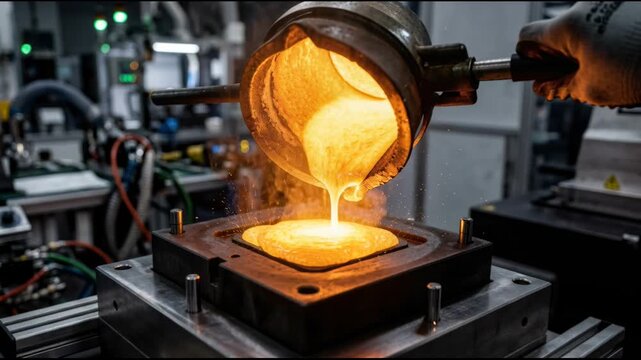 Founder pouring molten metal into a mold at a factory. Metal casting process in industrial manufacturing. High temperature liquid ore being shaped by worker.
