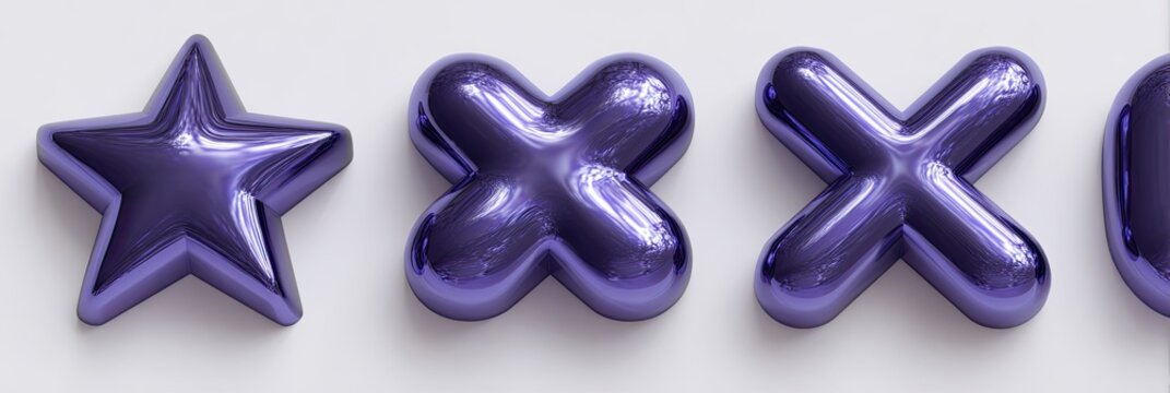 Shiny Purple Star and X Shapes on White Background.
