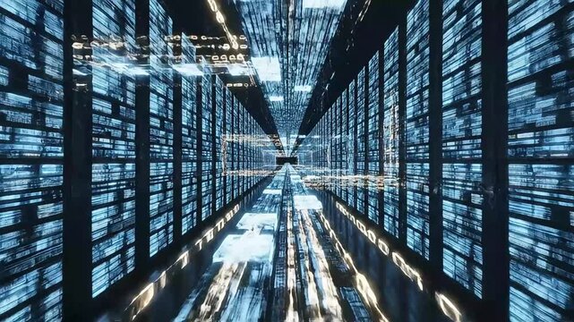 Data center server rows stretch into a vast digital tunnel of blue light.