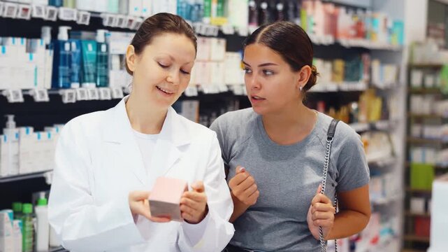 In cosmetic department of pharmacy, open-eyed female buyer listens to pharmacist s consultation and surprised. Visitor pleasantly surprised by advice of competent pharmacist