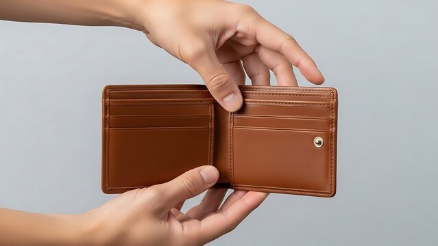 Hands holding an empty brown leather wallet showing no money
