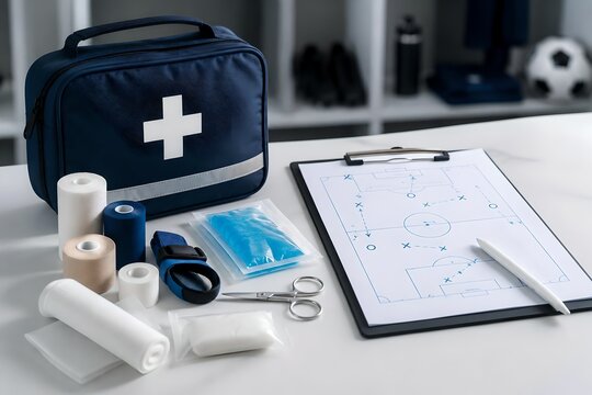 Dark blue medical first aid kit placed next to a tactical soccer clipboard with game strategies on a white table