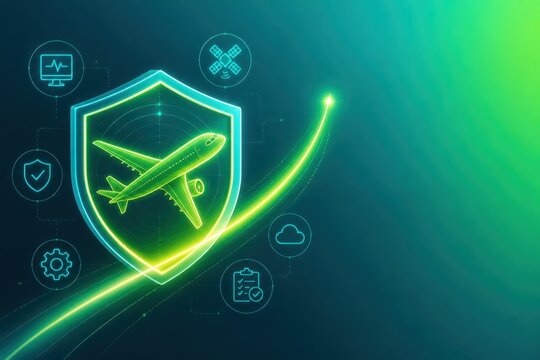 Aviation cyber security concept with glowing airplane shield and tech icons