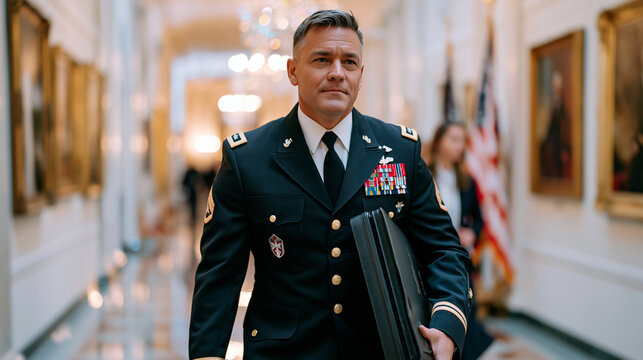 Military aide in dress uniform carrying a sealed briefing case through a formal corridor lined with official portraits, polished marble floors reflecting overhead chandelier light in the executive b