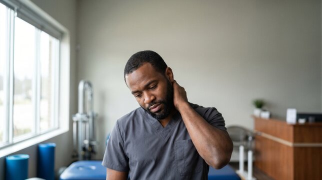 A male physical therapist in a grey scrub top stands in a clinic, looking down and holding the back of his neck in apparent discomfort