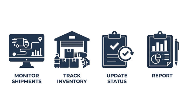 The infographic illustrates tracking shipments on a monitor with inventory updates and status reports.