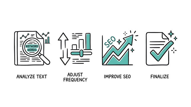 The SEO process involves analyze text, adjust frequency to improve SEO and finalize