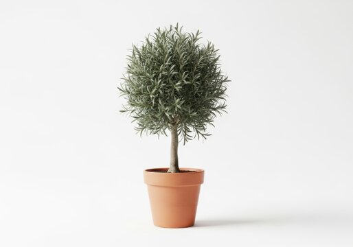 Small olive tree in a brown pot isolated on white background