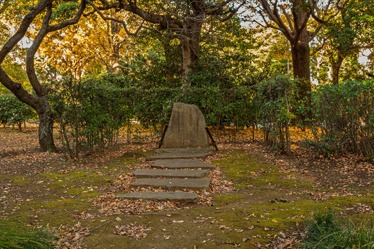 Stone monument with a stepping stone pathway surrounded by moss and green hedges in Kitanomaru Park December 2023