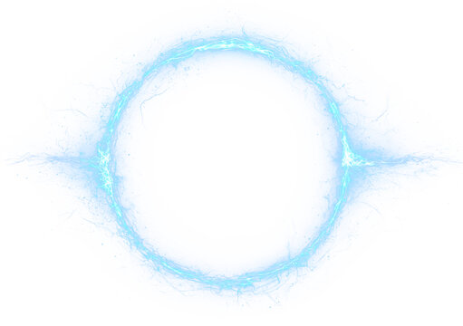 Electric blue glowing circle lightning ring transparent png overlay with plasma energy discharge effect frame graphic design isolated element for modern digital art and futuristic technology arc web