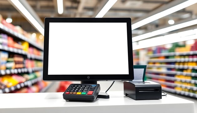 A cash register with a computer monitor and card reader on a counter in a grocery store checkout lane with shelves.