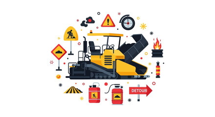 Fototapeta premium Road Construction Equipment Illustration featuring Asphalt Paver Machine with Highway Maintenance Signs and Industrial Safety Icons in Flat Design Style