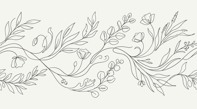 Continuous line art floral border with leaves and flowers
