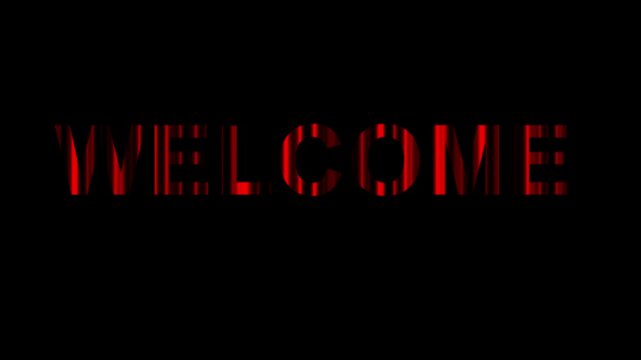 Welcome text with red curtain waves effect on plain black background