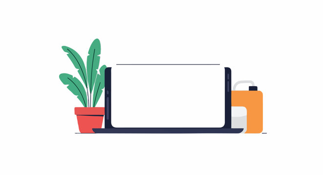 A stylized illustration featuring a laptop, potted plant, and a container