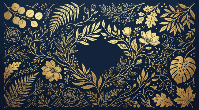 Golden floral frame with botanical elements on dark blue background