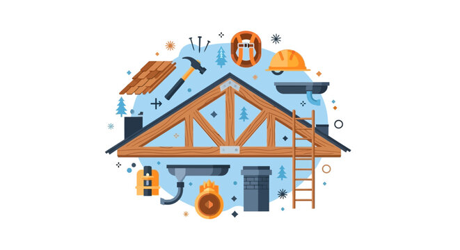 Professional Roofing Construction and House Repair Illustration with Tools, Safety Gear, and Wooden Roof Truss Elements