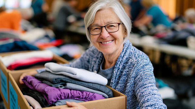 Retired woman sorting folded sweaters and winter jackets into labeled cardboard donation bins inside a brightly lit church hall, reading eyeglasses perched on nose, volunteers of all ages arranging 