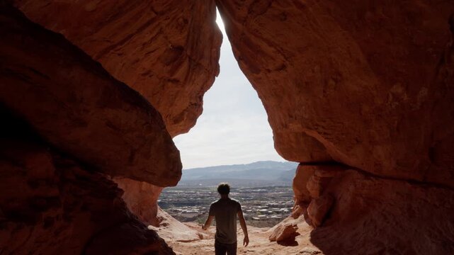 Stationary Shot of Man Walking in Scouts Cave Arizona