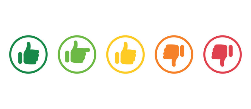 Rating and feedback scale symbol on circle outline with colored thumb signs showing excellent, good, average, poor, and bad evaluation levels, vector, designs