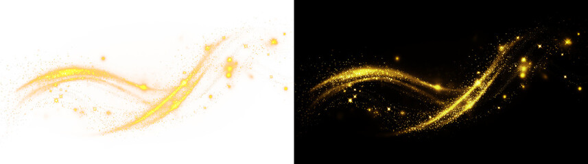 Transparent png overlay of elegant gold sparkling swirl with glowing light dust effect luxury abstract wave decoration for festive design magical shining particle trail on transparent background line © Oleg