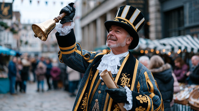 Town crier in a cobbled market square holds a handbell aloft mid-ring, scroll in gloved hand, a crowd of onlookers gathered around market stalls, historical civic tradition reenactment in a preserve