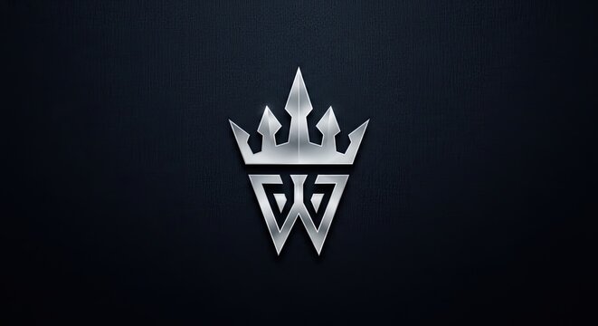 Metallic silver crown logo with trident letter W.
