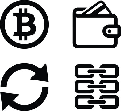 Cryptocurrency wallet and synchronization icons isolated on white background black silhouette collection for blockchain finance and digital payment systems