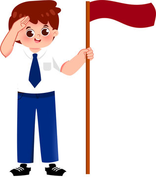 Cartoon Schoolboy in Uniform Saluting and Holding a Red Flag
