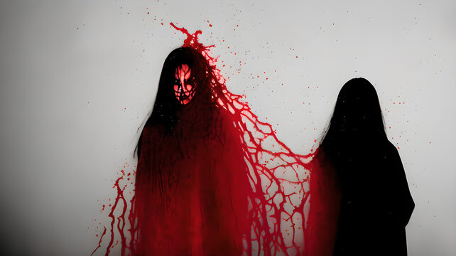Nightmarish Demonic Faces Emerging from Red Chaos Background