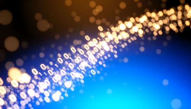 Glowing binary code flows diagonally across a blue background with bright lights